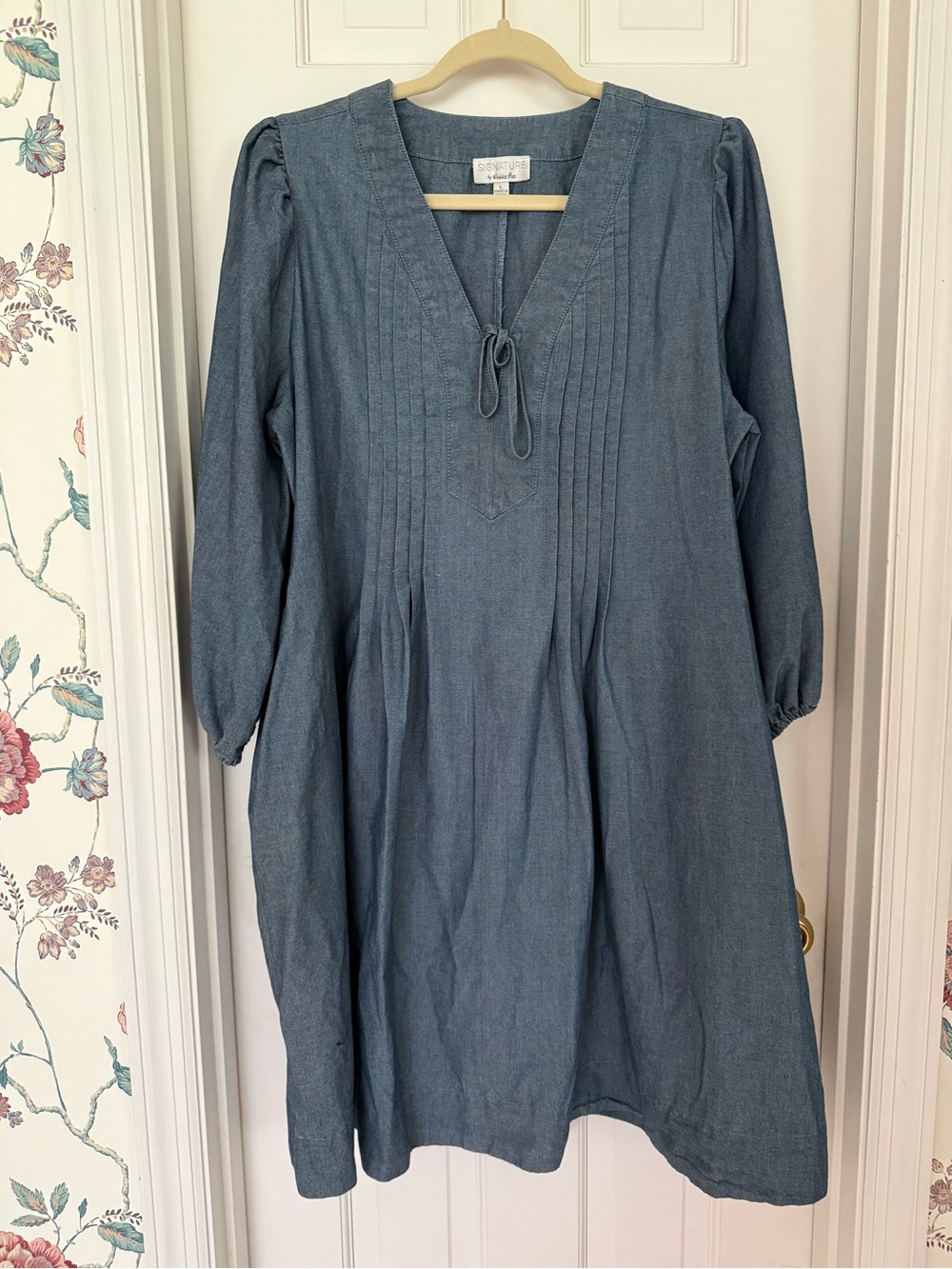 Robbie Bee Blue Chambray Pintuck Tie-Neck Tunic Dress